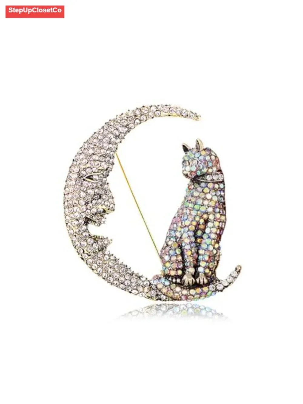 Rhinestone Cat on Moon Brooch Pin Vintage AB Crystal Kitten Crescent Celestial